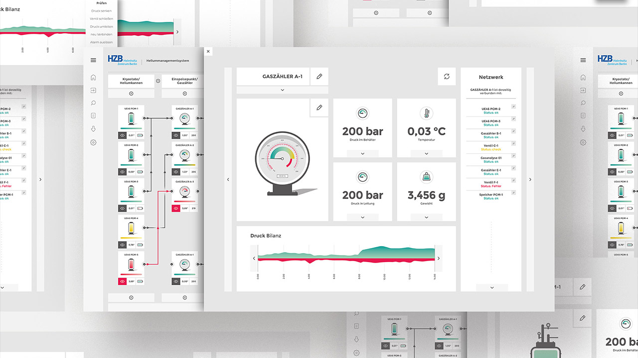 helmholtz user interface heliummanagementsystem mit rechts geöffnetem untermenue