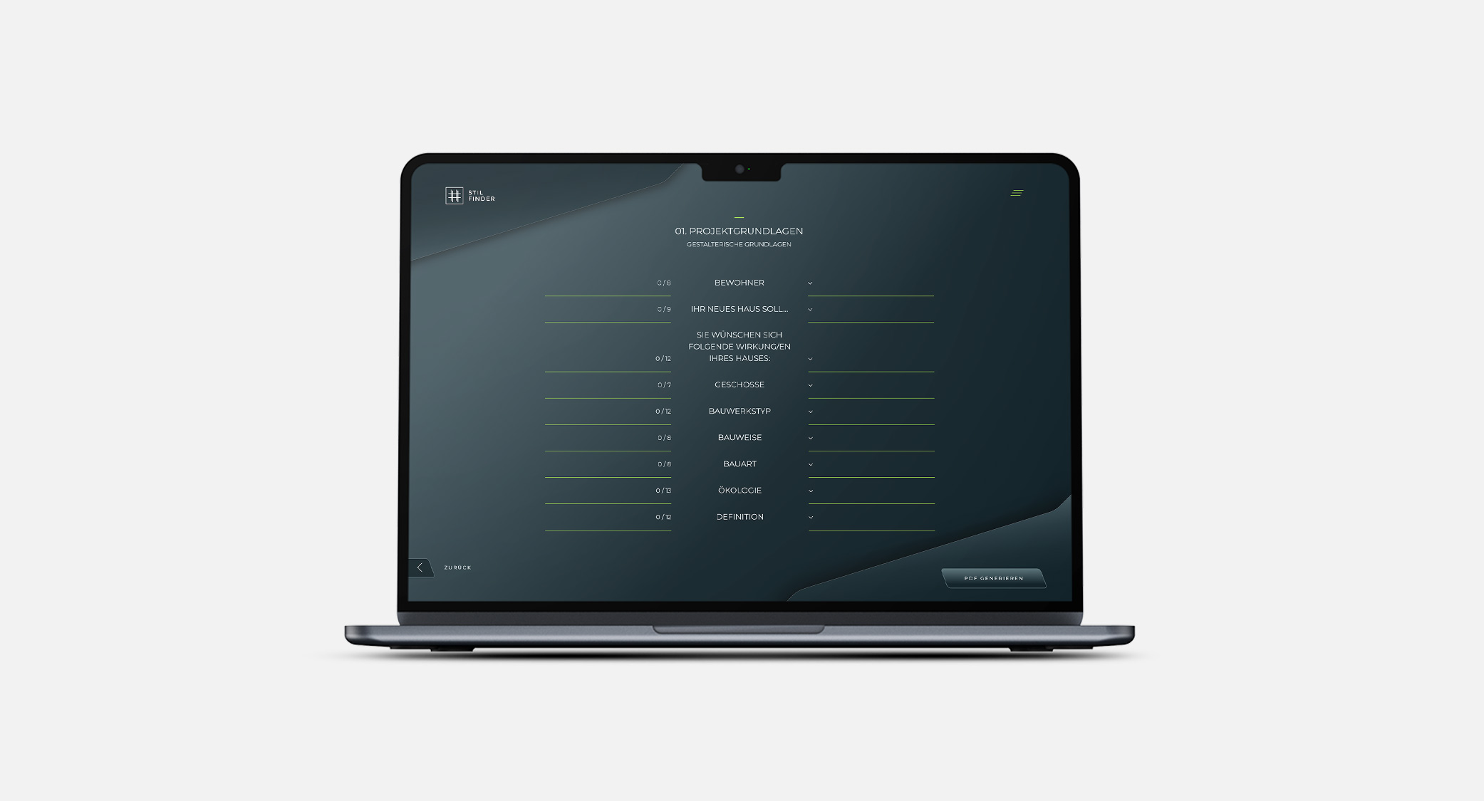 avantecture stilfinder auswahlfilter der projektgrundlagen auf laptop