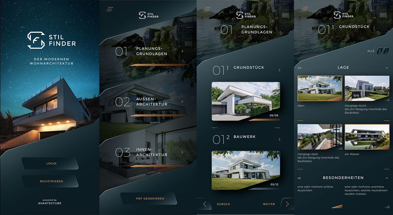 avantacture stilfinder - vier handyscreens nebeneinander